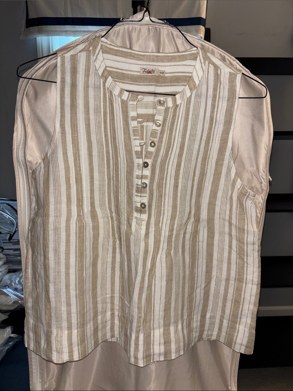 Faherty Beige and White Striped Sleeveless Henley Camisole